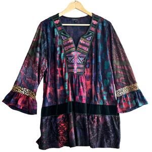 Calessa Tunic Top Patchwork Embroidered Velvet Burnout Bell Sleeve Boho Artsy